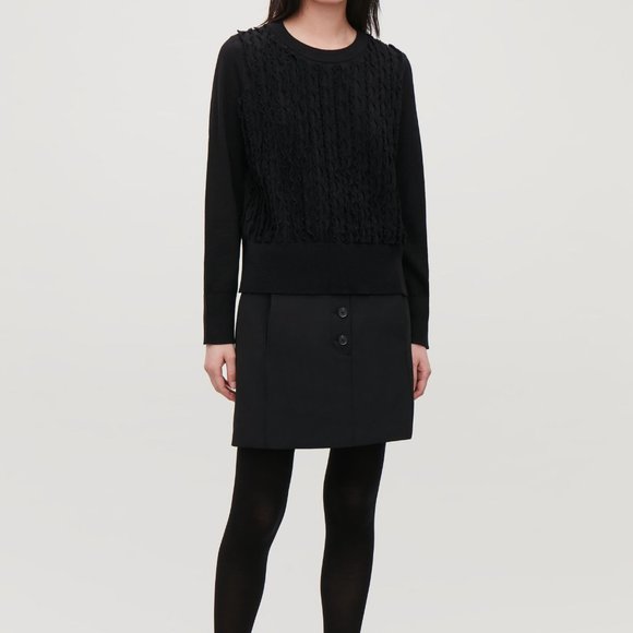 COS Sweaters Cos Crewneck Frilled Wool Knit Jumper Blk Sweater